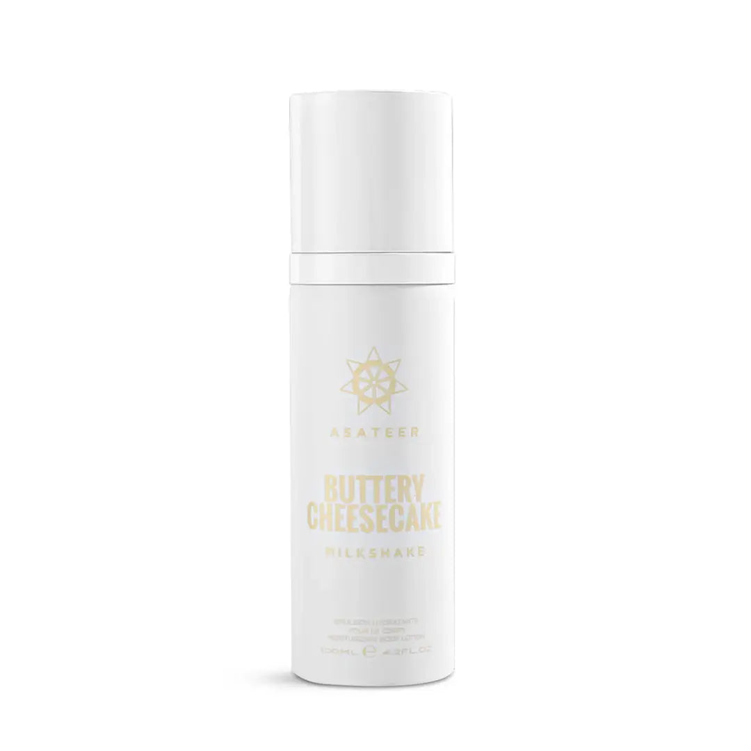 'Buttery Cheesecake Milkshake Body Lotion Spray' bottle on a white background with 'Asateer' branding