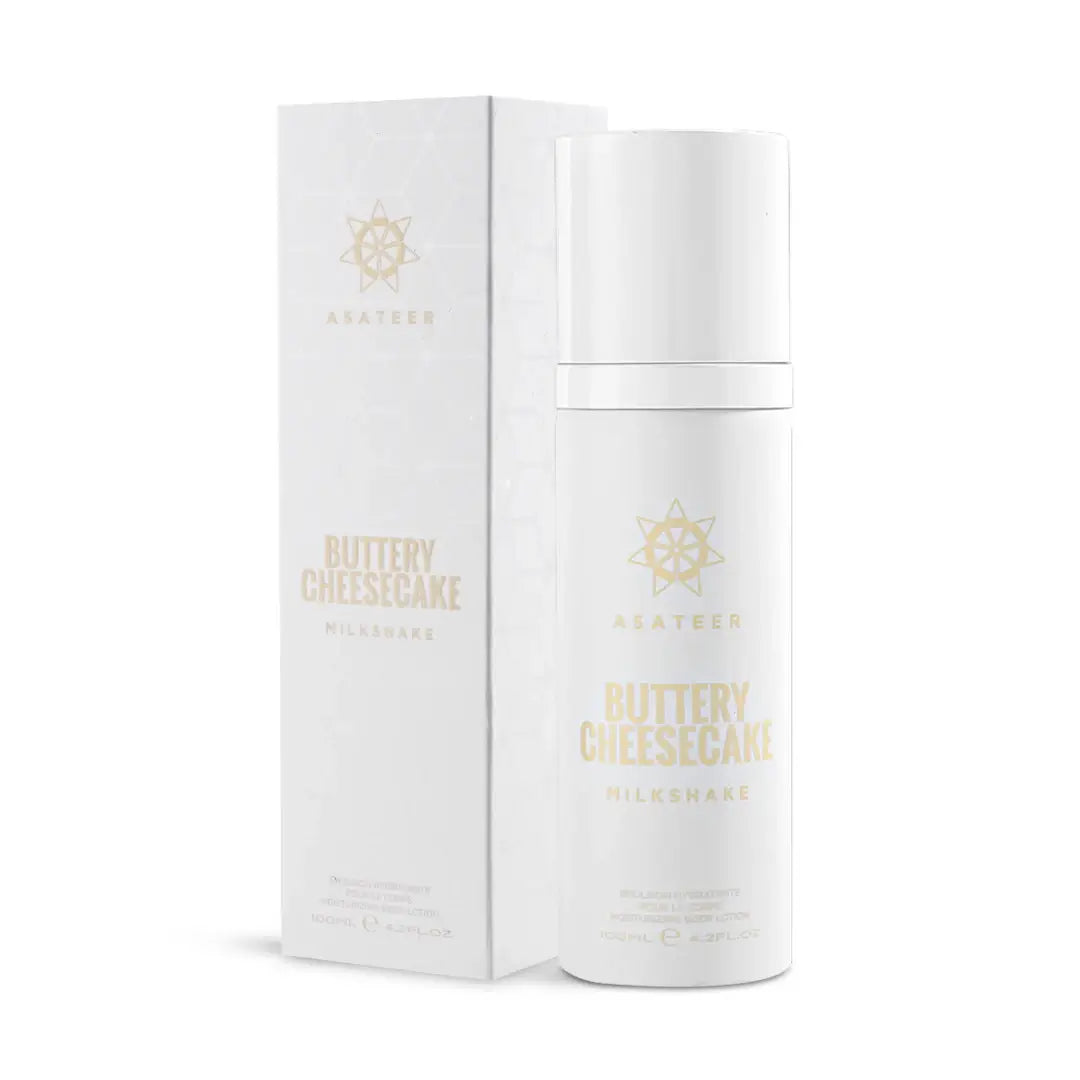 'Buttery Cheesecake Milkshake Body Lotion Spray' bottle & packaging on a white background with 'Asateer' branding
