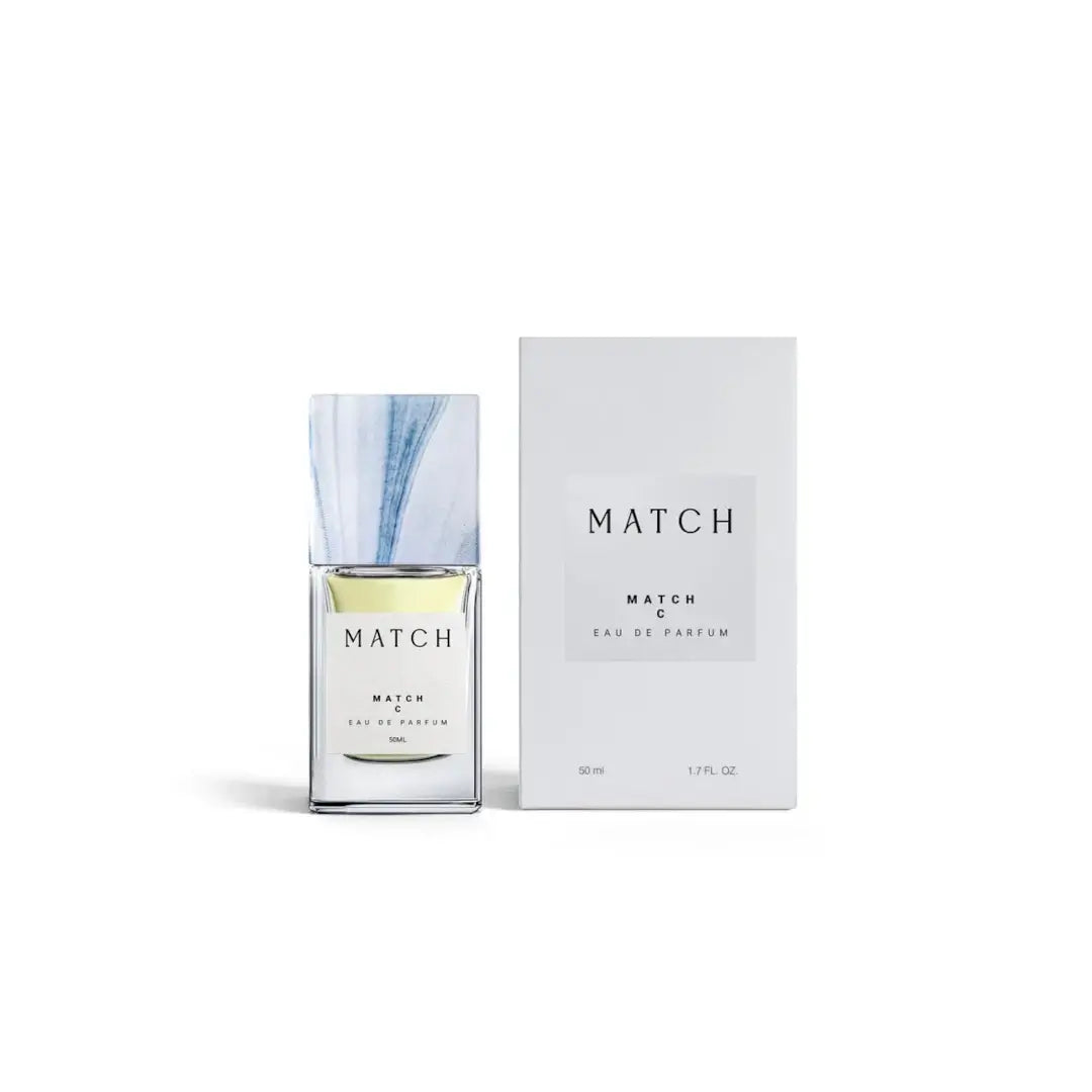 'C' perfume bottle & packaging in a white background with 'Match' branding