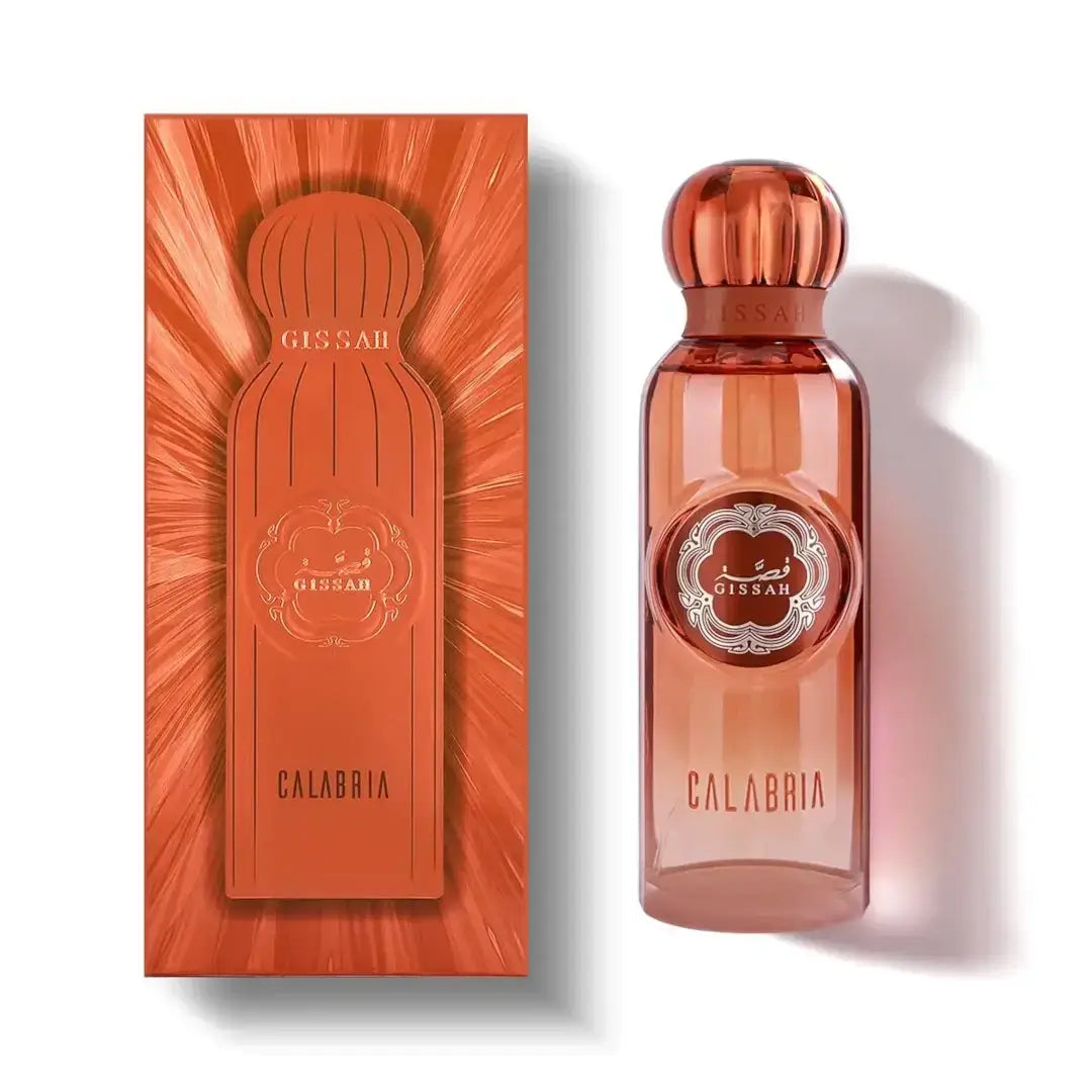 'Calabria' perfume bottle & packaging on a white background with 'Gissah' branding