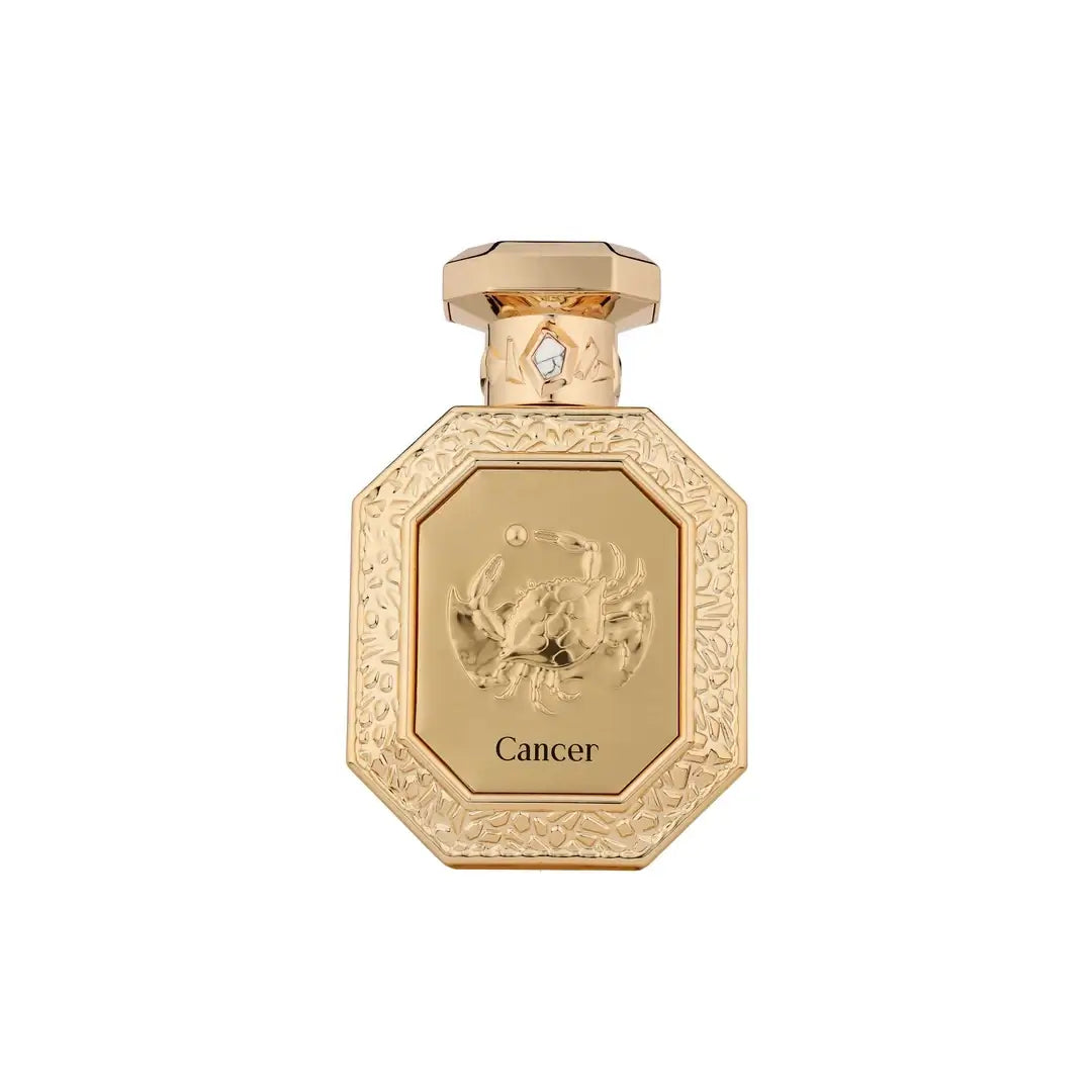 Golden perfume bottle labelled Cancer on a white background with French Avenue branding