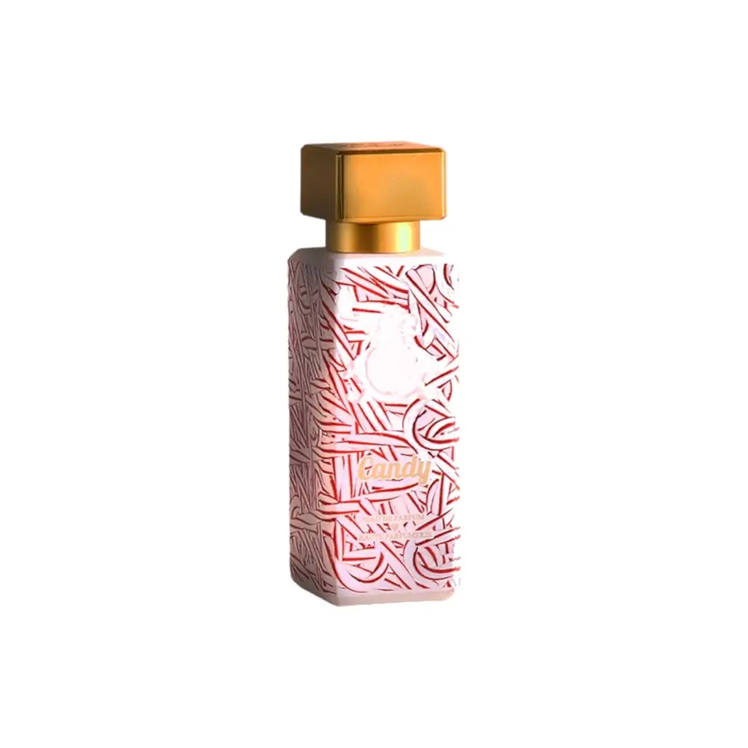 'Candy' Perfume bottle with gold cap and pink and white pattern on a white background with Al Jazeera Perfumes branding