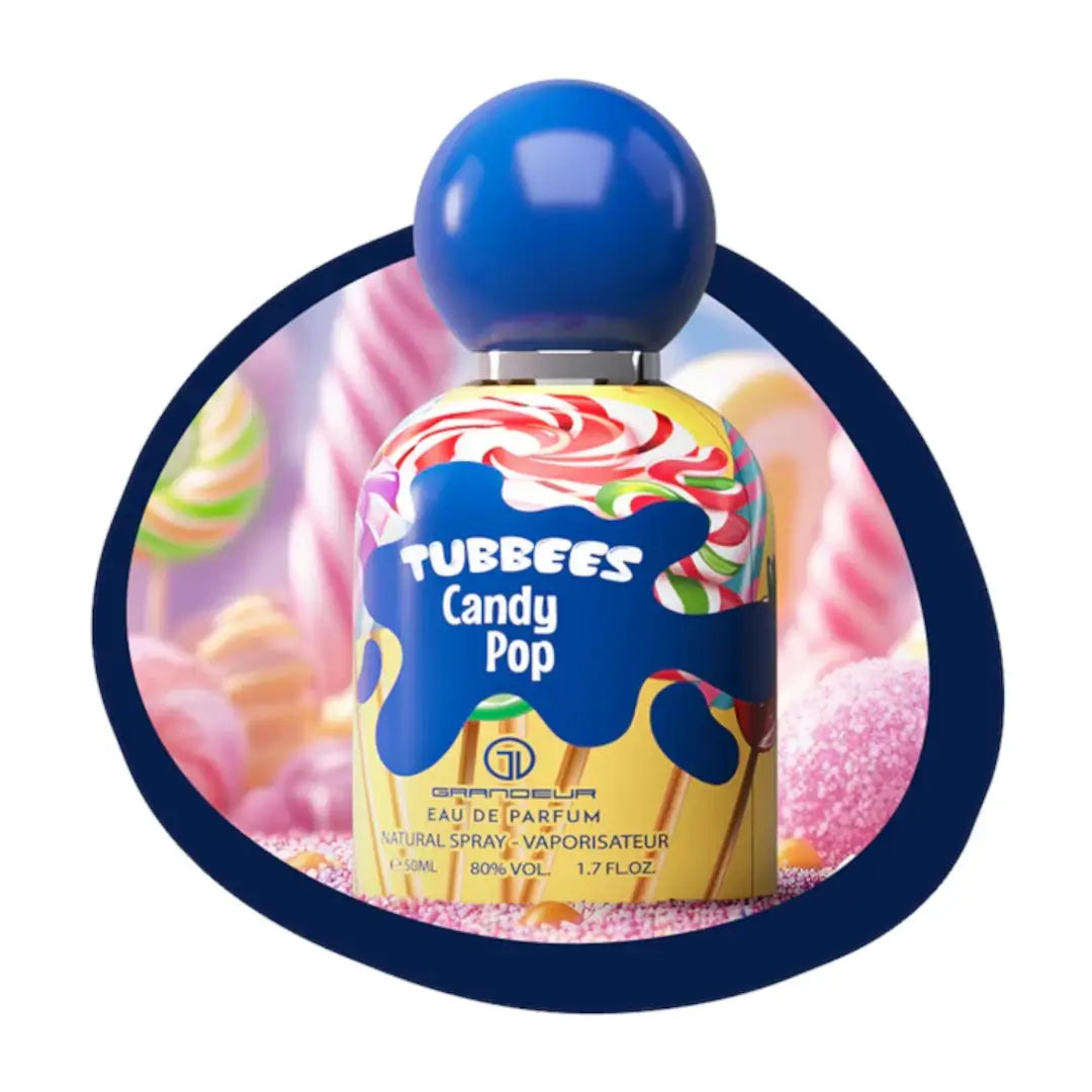 'Candy Pop' perfume bottle in a white background with 'Tubbees' branding
