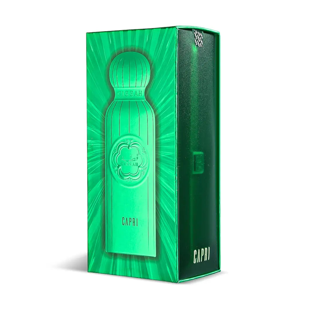 Green perfume bottle packaging with 'Capri' label on a white background by Gissah