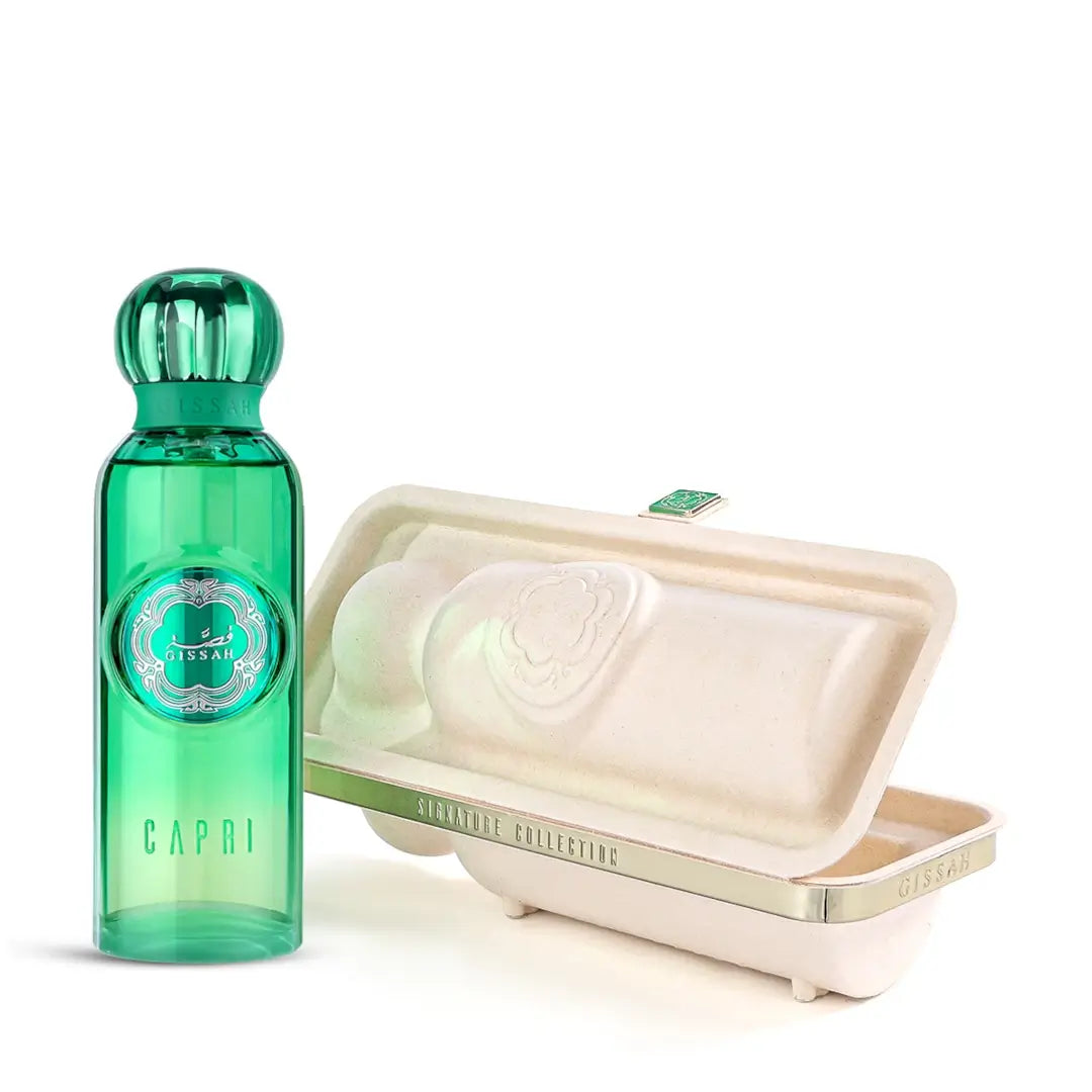 Green bottle and white container with 'Capri' label on a white background branded Gissah