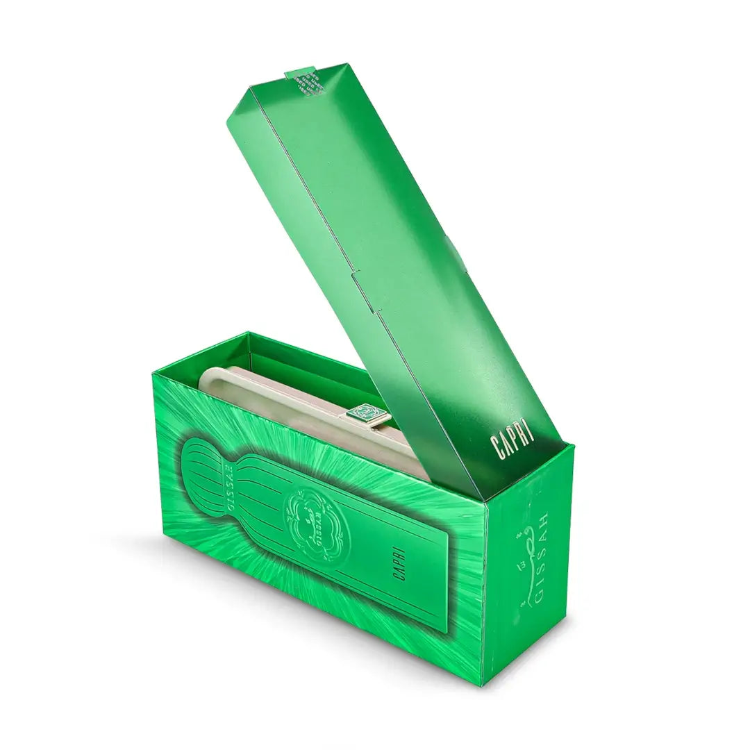 Green Capri EDP box with a white pen inside on a white background branded by Gissah