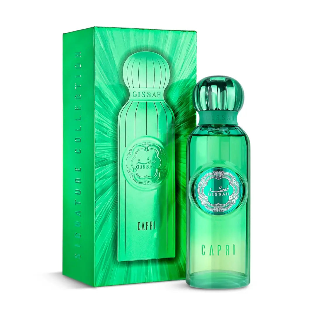 Green perfume bottle and packaging with 'Capri' and 'Gissah' branding on a white background