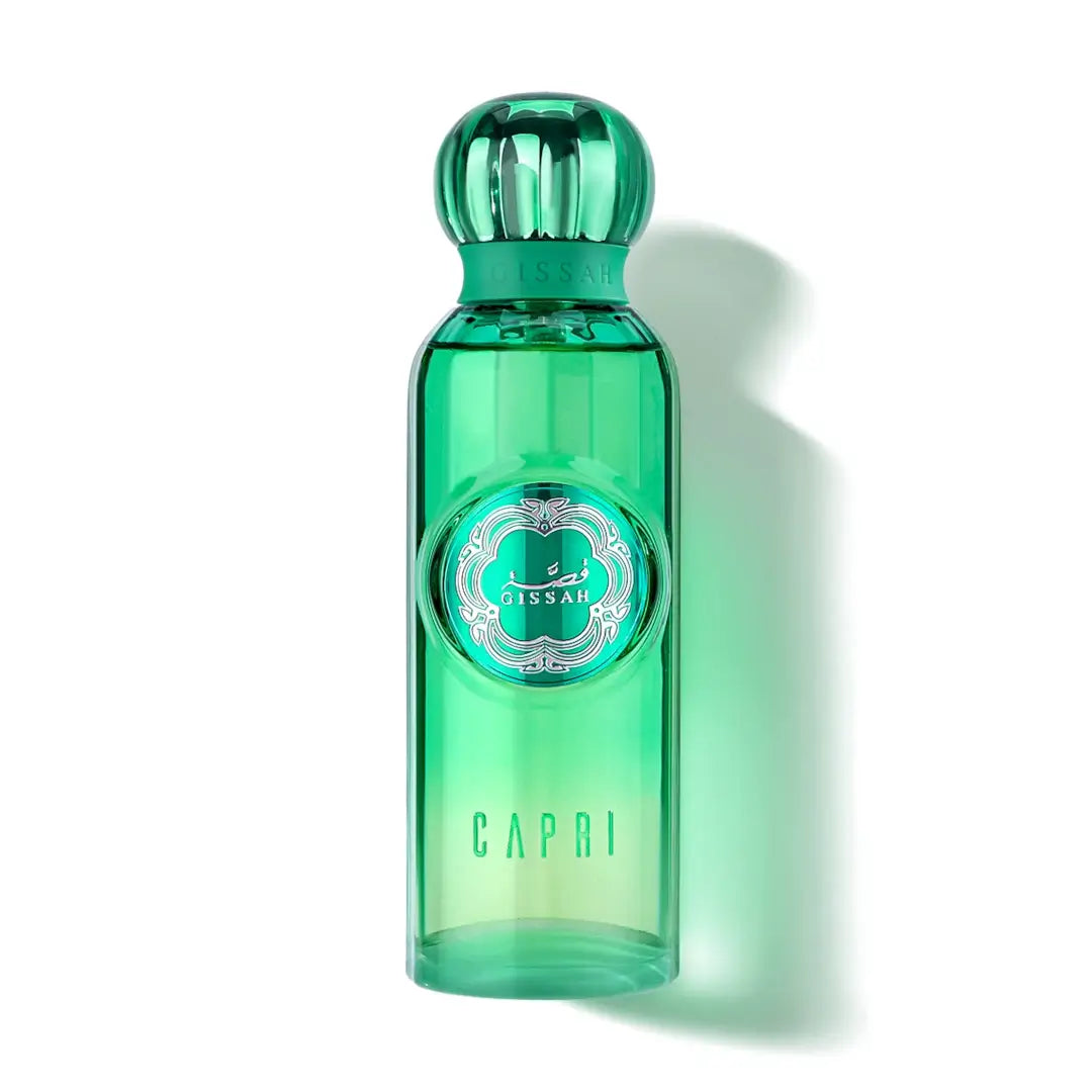 'Capri' EDP Green perfume bottle on a white background branded Gissah