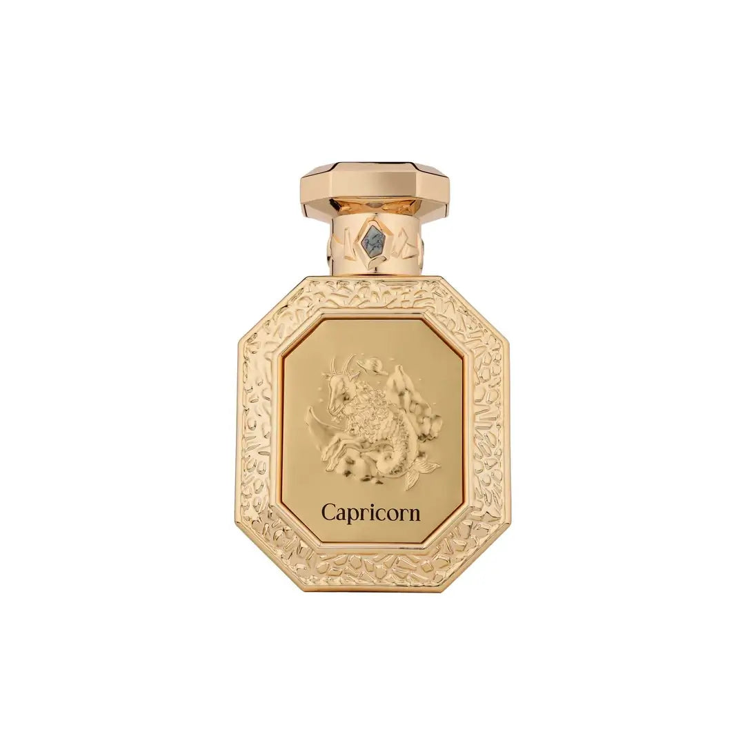 'Capricorn' gold perfume bottle with text on a white background with French Avenue branding