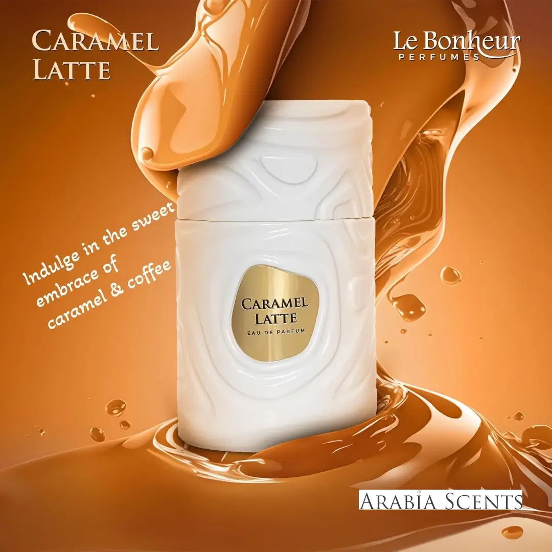 Caramel Latte perfume bottle with caramel syrup on an orange background, with Le Bonheur Perfumes branding featured by ArabiaScents