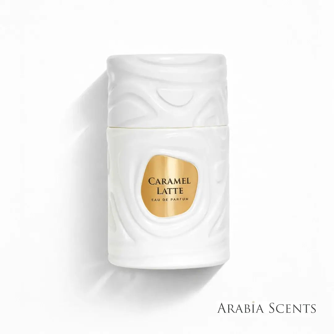White perfume bottle labeled 'Caramel Latte' by Le Bonheur featured by Arabia Scents on a light background