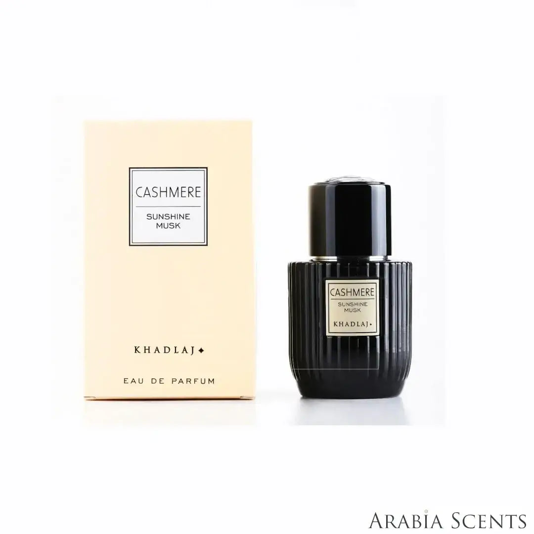 'Cashmere Sunshine Musk' perfume bottle & packaging on a white background with 'Khadlaj' branding featured by 'Arabiascents'