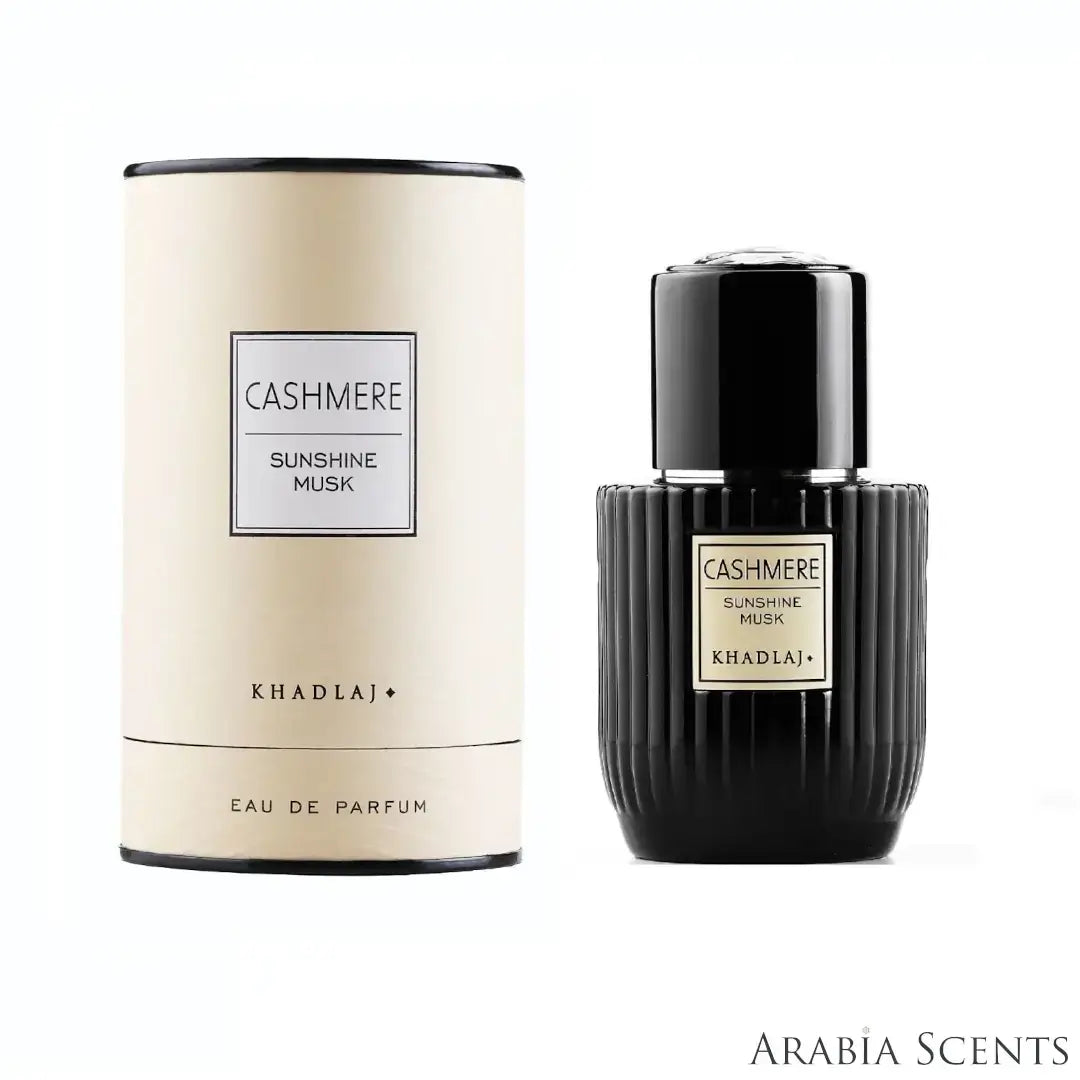 'Cashmere Sunshine Musk' perfume bottle & packaging on a white background with 'Khadlaj' branding featured by 'Arabiascents'