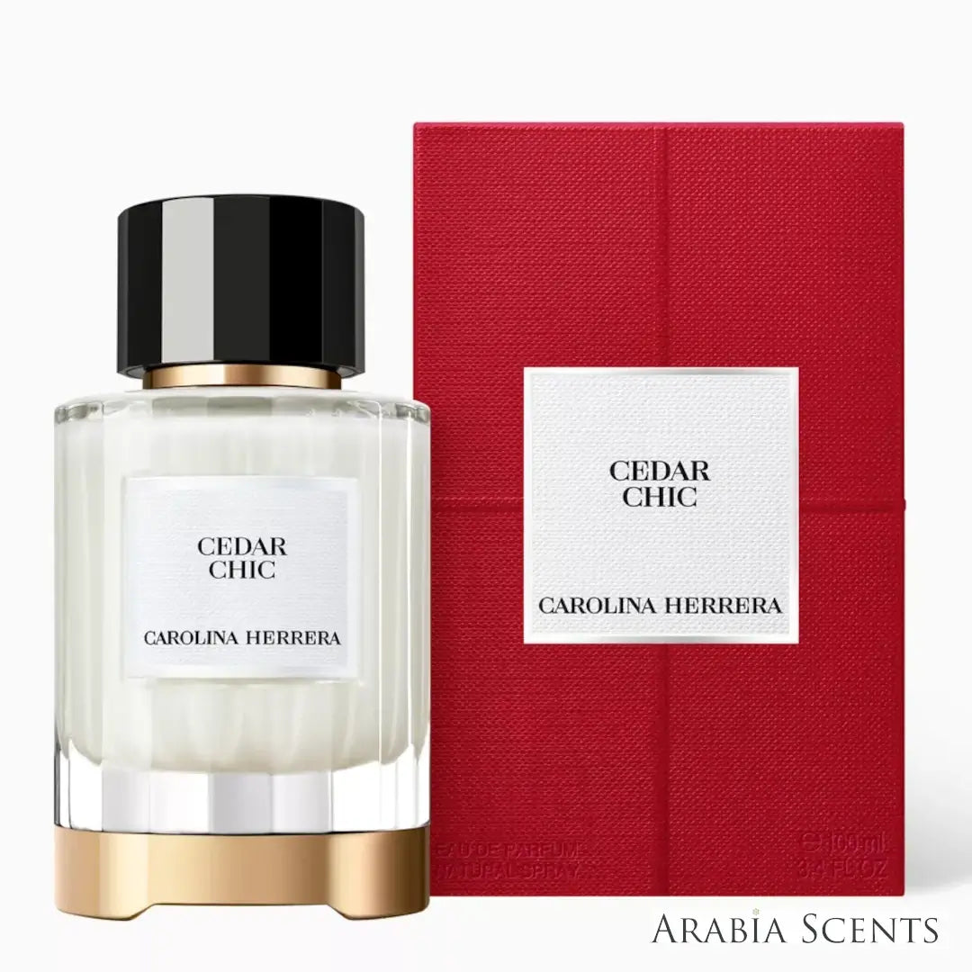 'Cedar Chic' perfume bottle & packaging on a white background with 'Carolina Herrera' branding featured by 'Arabiascents'