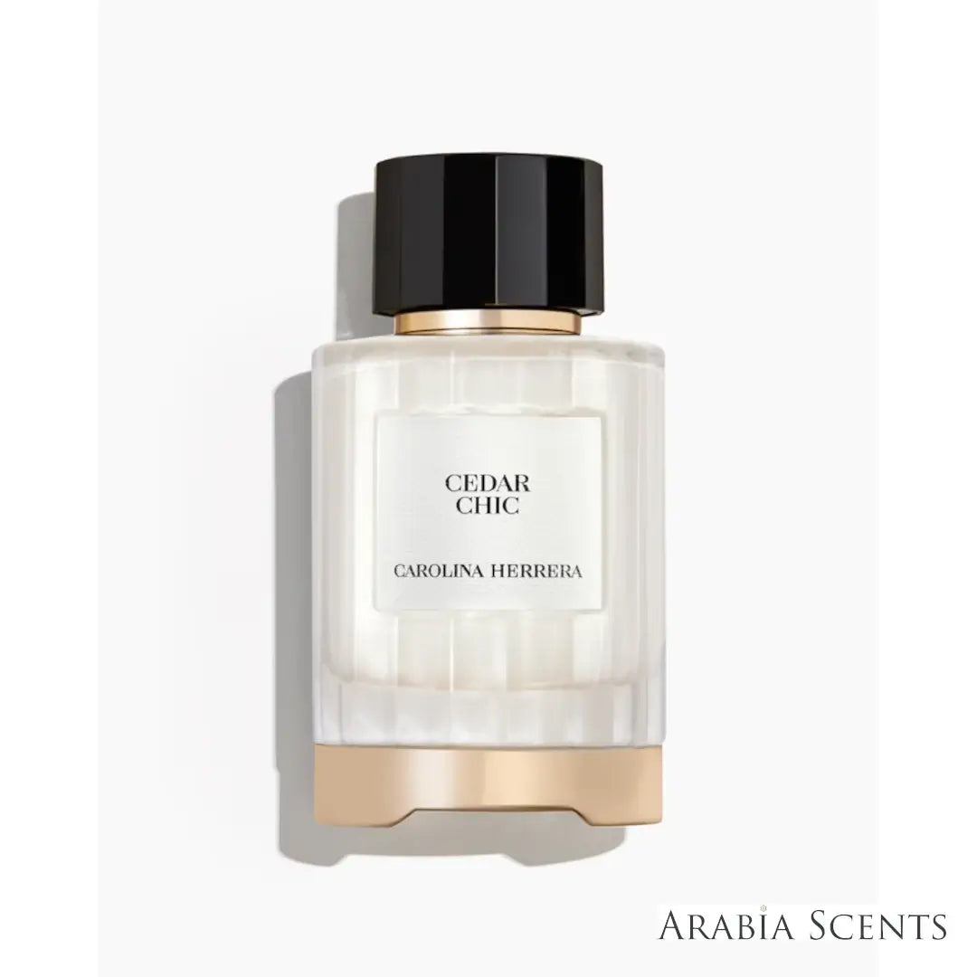 'Cedar Chic' perfume bottle on a white background with 'Carolina Herrera' branding featured by 'Arabiascents'