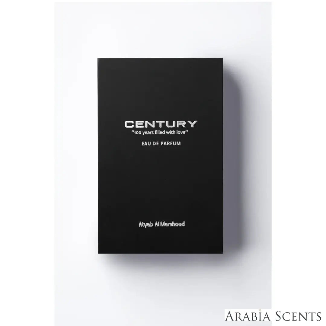 'Century' perfume packaging on a white background with 'Atyab Al Marshoud' branding featured by 'Arabiascents'