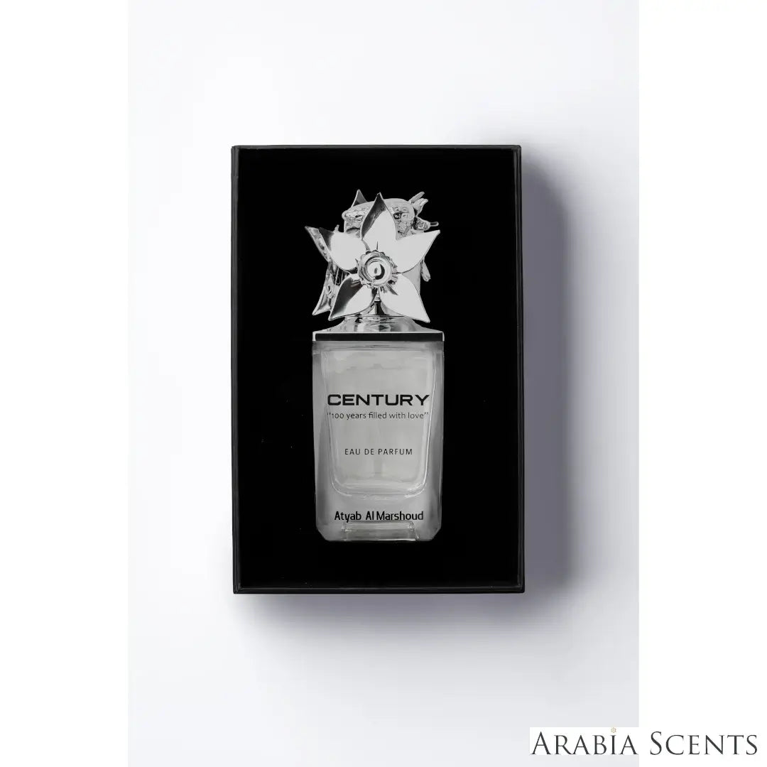 'Century' perfume bottle & packaging on a white background with 'Atyab Al Marshoud' branding featured by 'Arabiascents'