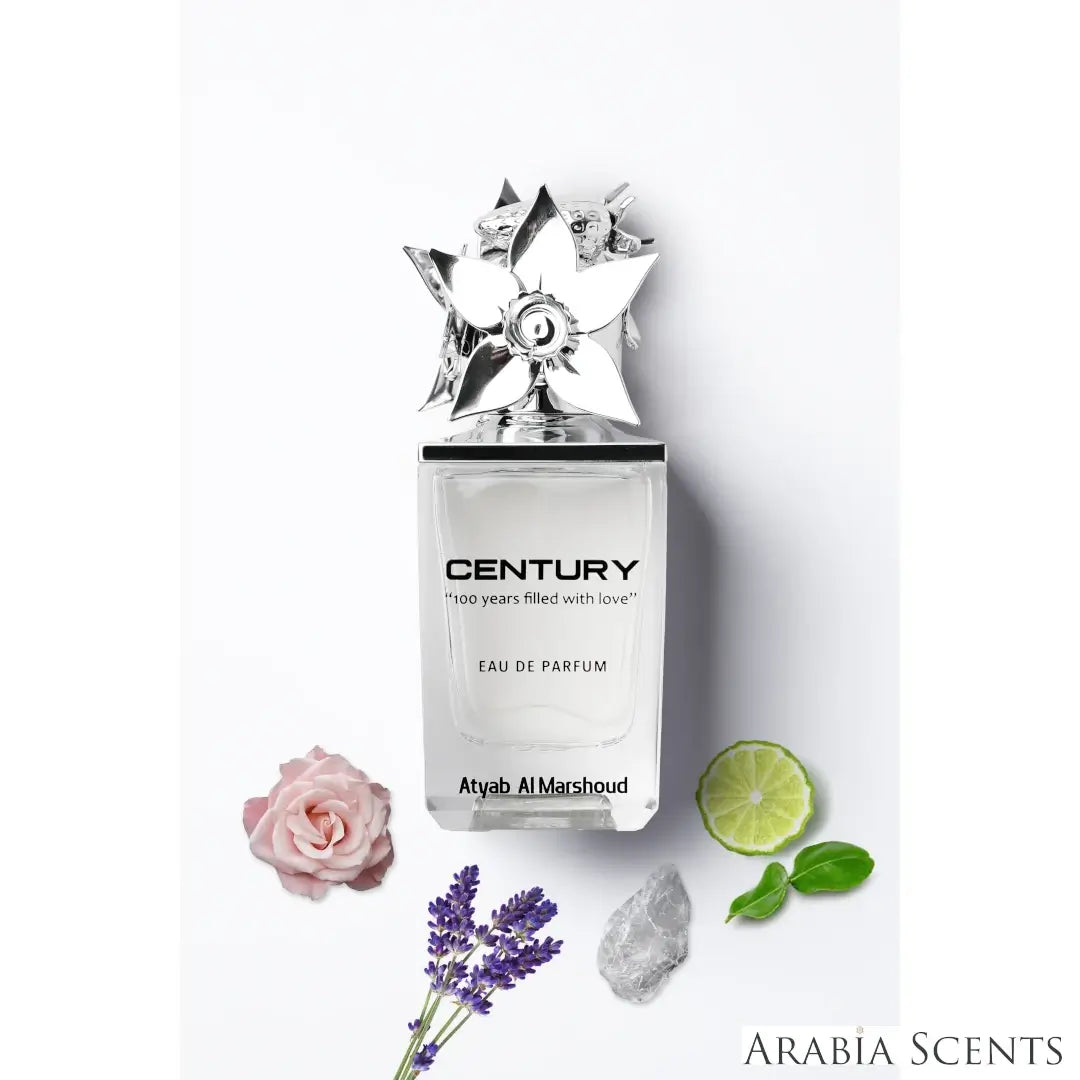 'Century' perfume bottle & notes on a white background with 'Atyab Al Marshoud' branding featured by 'Arabiascents'