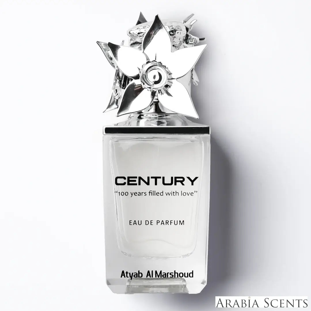 'Century' perfume bottle on a white background with 'Atyab Al Marshoud' branding featured by 'Arabiascents'