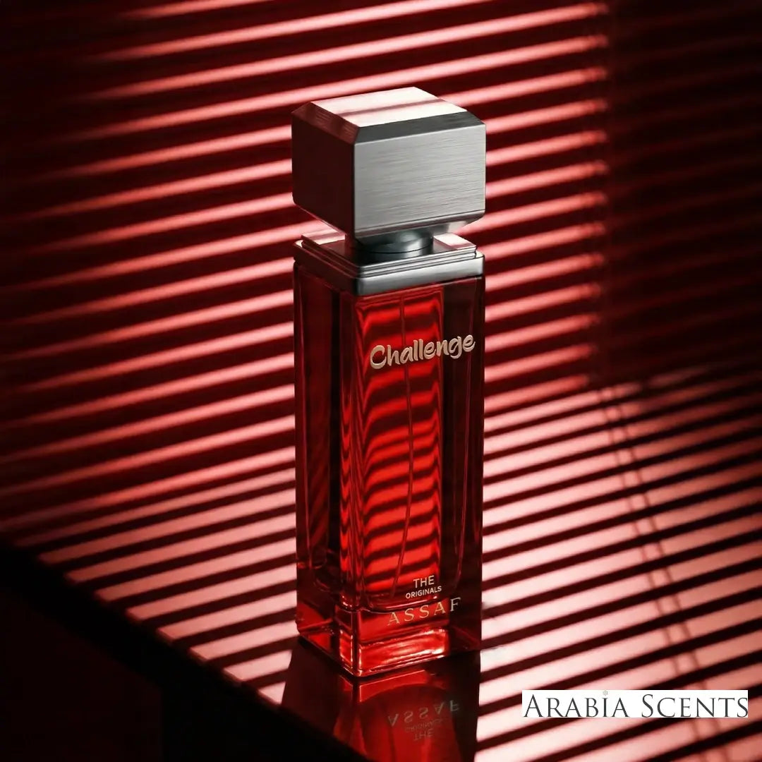 'Challenge' perfume bottle with 'Assaf' branding featured by 'Arabiascents'