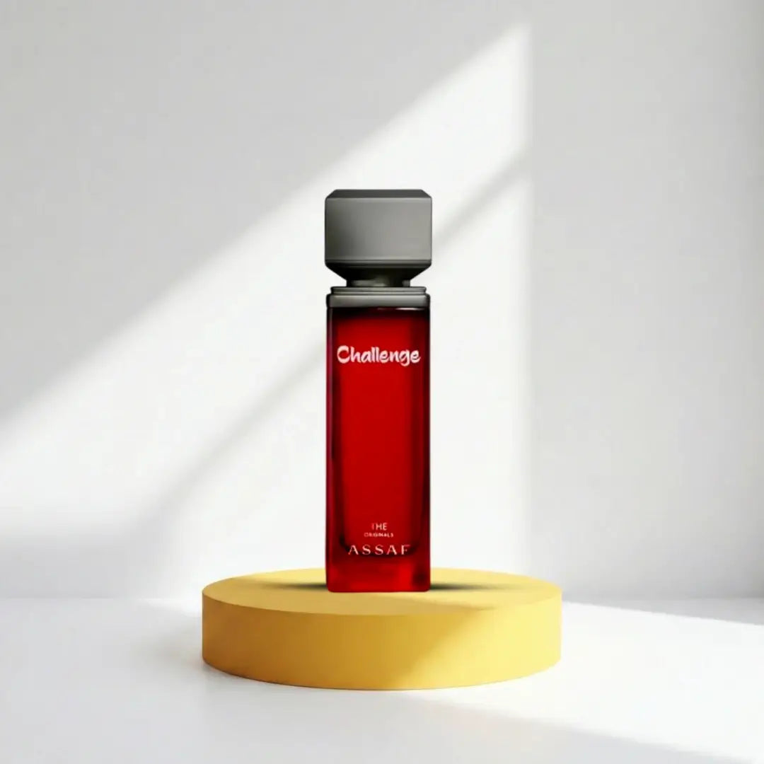 'Challenge' perfume bottle on a white background with 'Assaf' branding featured by 'Arabiascents'
