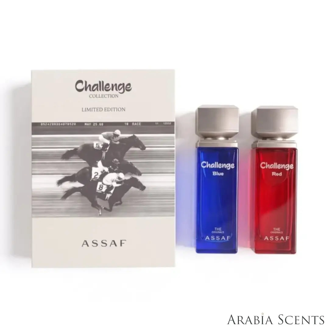 'Challenge Collection' perfume bottles & packaging on a white background with 'Assaf' branding featured by 'Arabiascents'
