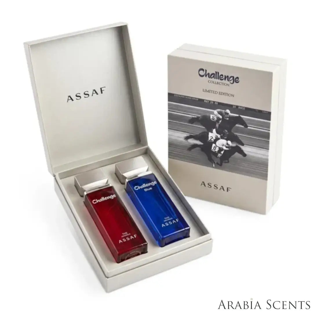 'Challenge Collection' perfume bottles & packaging on a white background with 'Assaf' branding featured by 'Arabiascents'