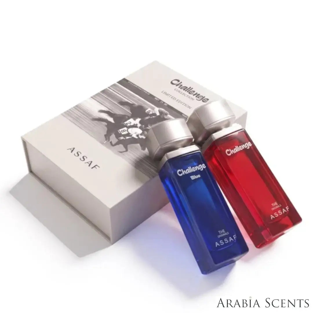 'Challenge Collection' perfume bottles & packaging on a white background with 'Assaf' branding featured by 'Arabiascents'