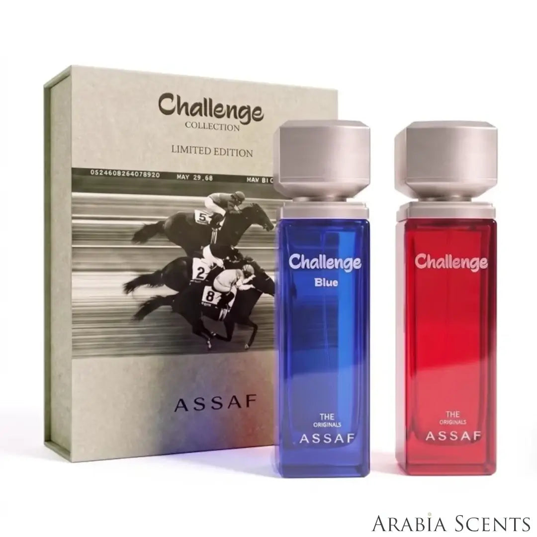 'Challenge Collection' perfume bottles & packaging on a white background with 'Assaf' branding featured by 'Arabiascents'