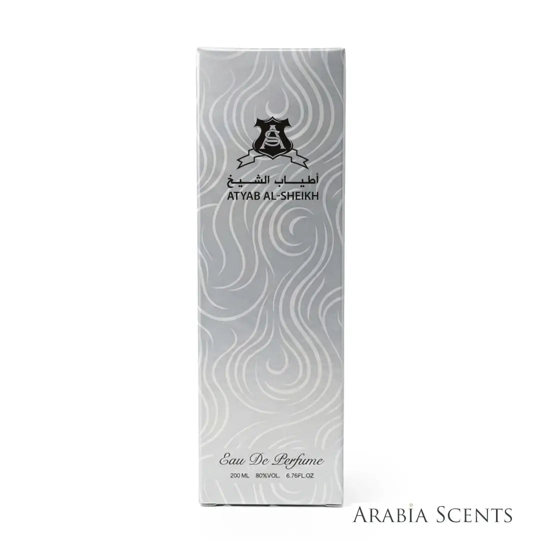 'Charisma Silver' perfume packaging on a white background with 'Atyab Al Sheikh' branding featured by 'Arabiascents'