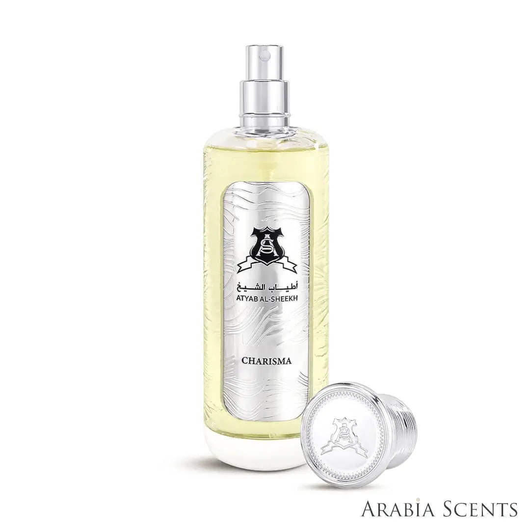 'Charisma Silver' perfume bottle on a white background with 'Atyab Al Sheikh' branding featured by 'Arabiascents'