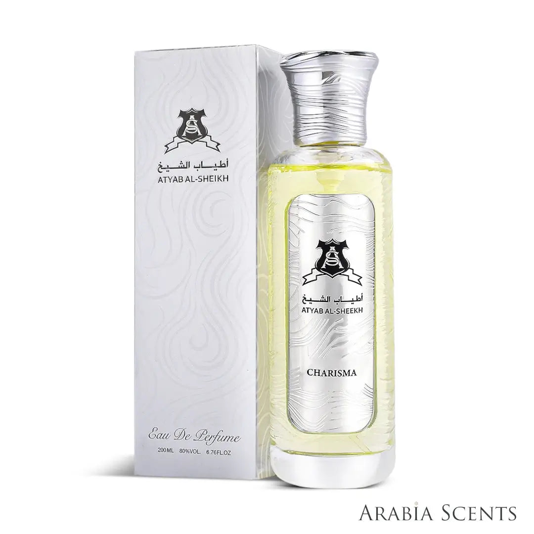 'Charisma Silver' perfume bottle & packaging on a white background with 'Atyab Al Sheikh' branding featured by 'Arabiascents'