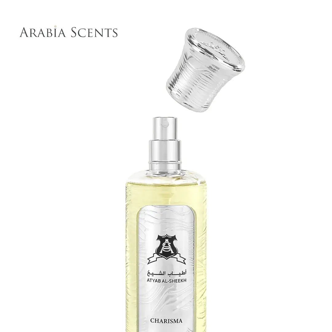 'Charisma Silver' perfume bottle on a white background with 'Atyab Al Sheikh' branding featured by 'Arabiascents'