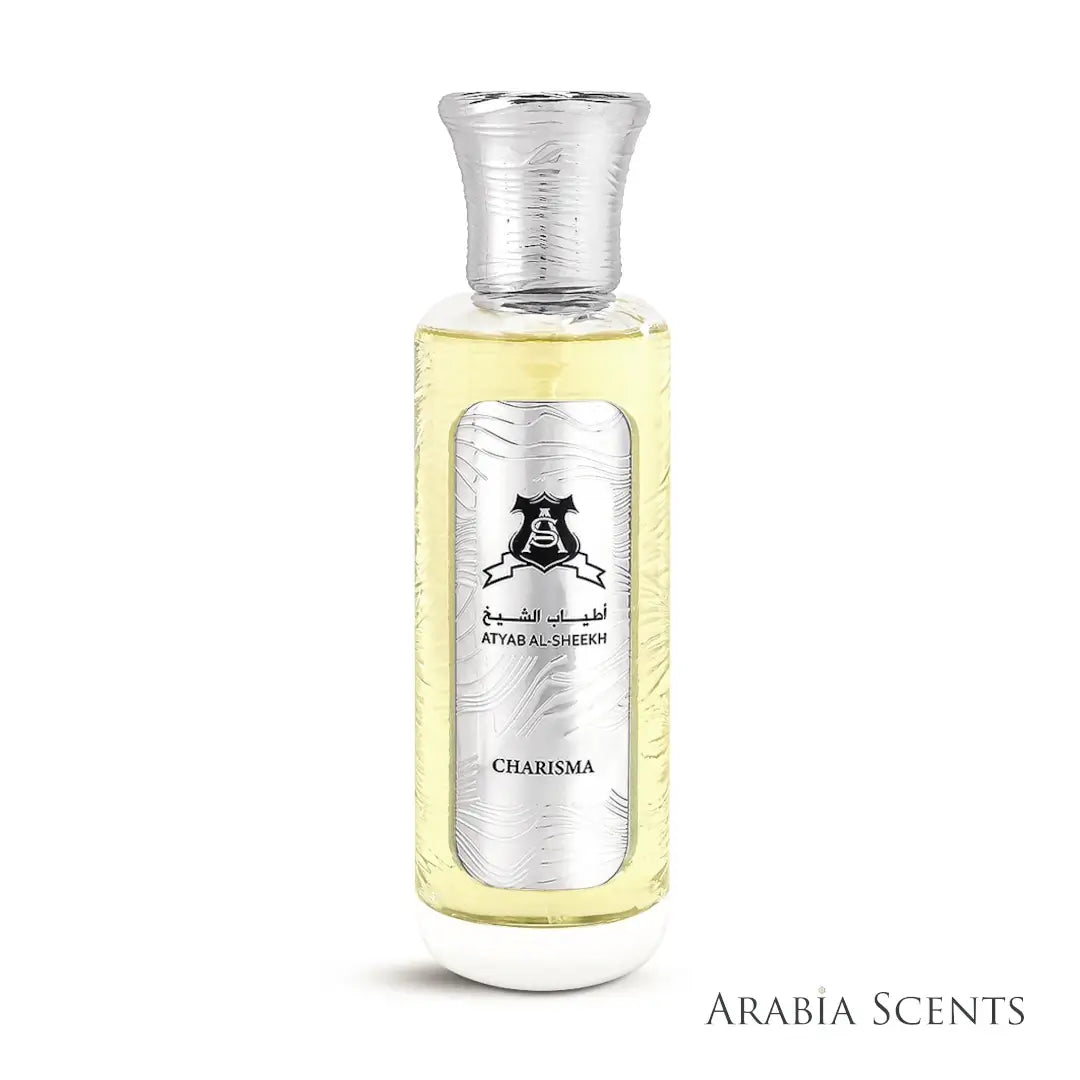 'Charisma Silver' perfume bottle on a white background with 'Atyab Al Sheikh' branding featured by 'Arabiascents'