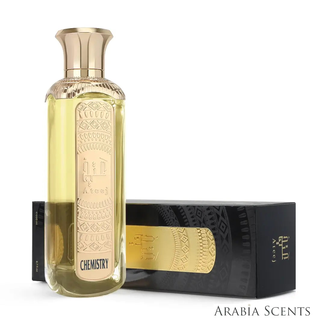 Chemistry Light fragrance bottle and packaging branded by Ateej on a white background featured by 'ArabiaScents'
