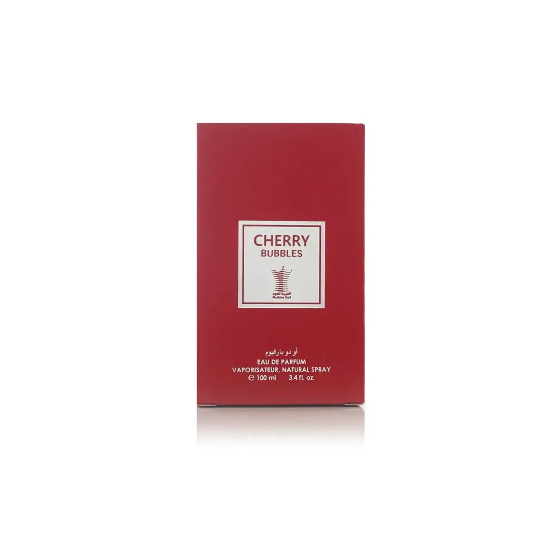 Red perfume box labeled 'Cherry Bubbles' on a white background by Arabian Oud