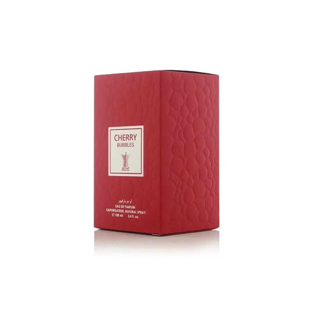 Red perfume bottle packaging with 'Cherry Bubbles' label on a white background branded Arabian Oud