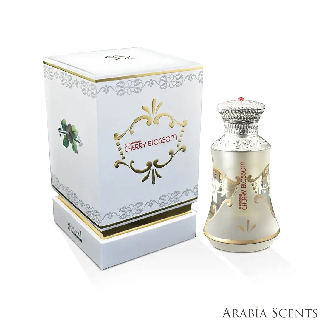 'Cherry Blossom' concentrated perfume oil bottle & packaging on a white background with 'Al Haramain' branding featured by 'Arabiascents'