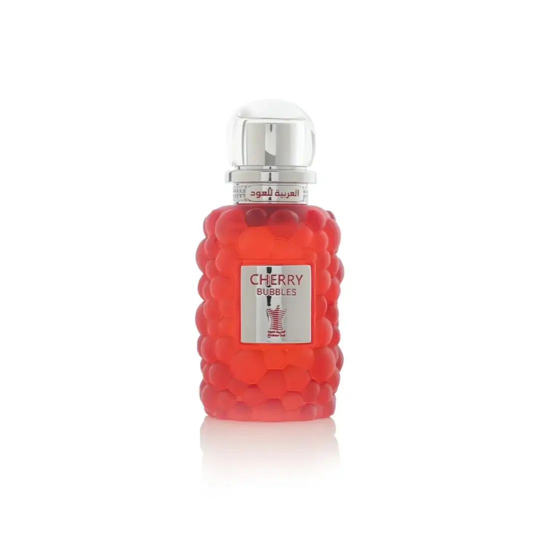 'Cherry Bubbles' Red bubble-themed perfume bottle with silver cap on a white background by Arabian Oud