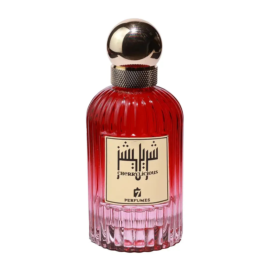 Red Cherrylicious perfume bottle with gold cap on a white background with 7Perfumes branding