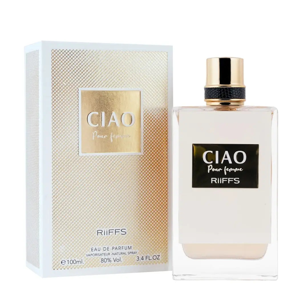 'Ciao Pour Femme' perfume bottle and packaging in a white background with 'Riiffs' branding