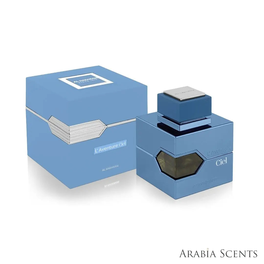 'Ciel L'Aventure' perfume bottle & packaging on a white background with 'Al Haramain' branding featured by 'Arabiascents'