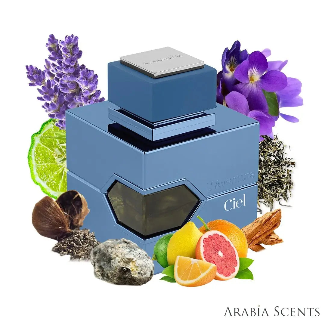 'Ciel L'Aventure' perfume bottle with notes on a white background with 'Al Haramain' branding featured by 'Arabiascents'