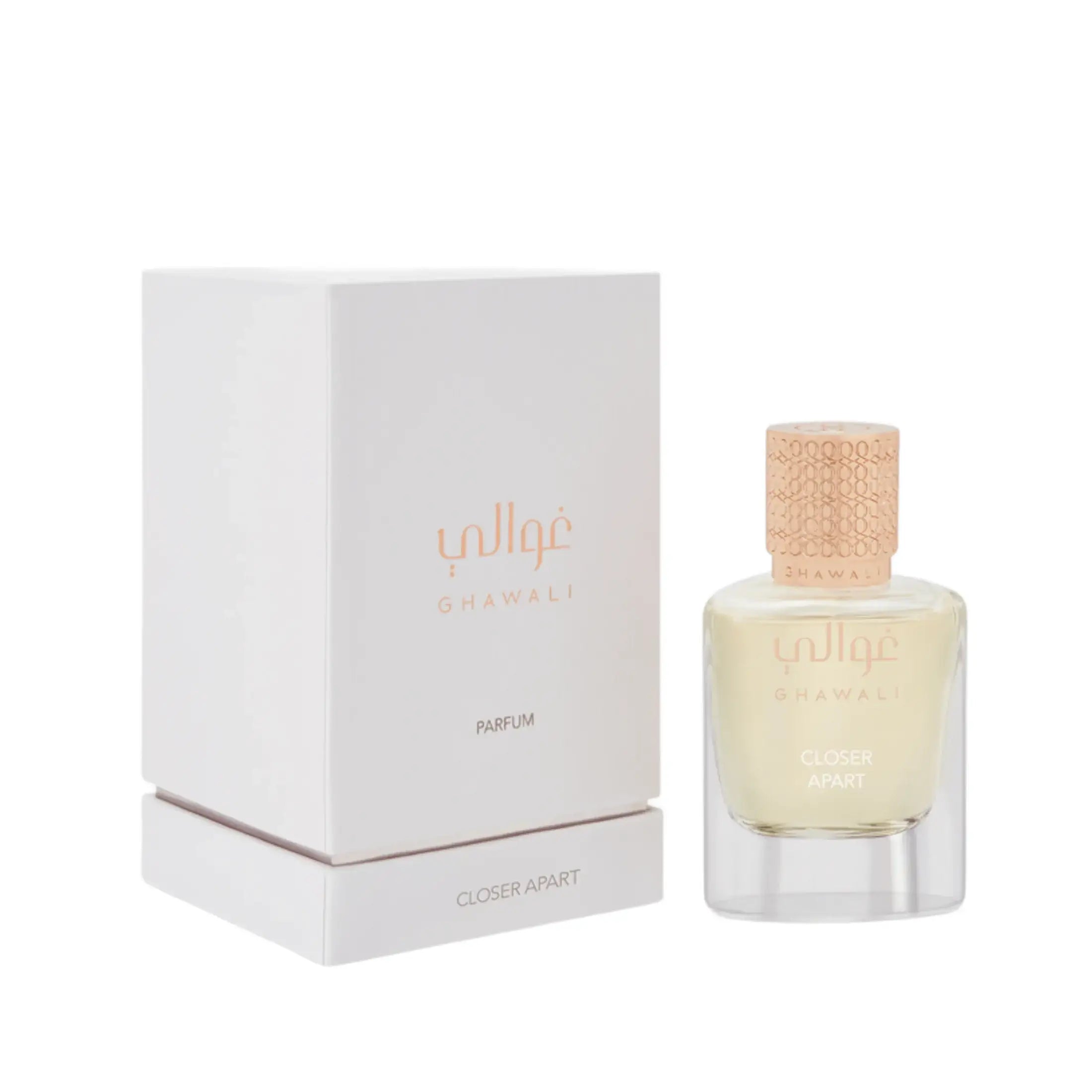 'Closer apart' perfume bottle with packaging in a white background with 'Ghawali' branding 