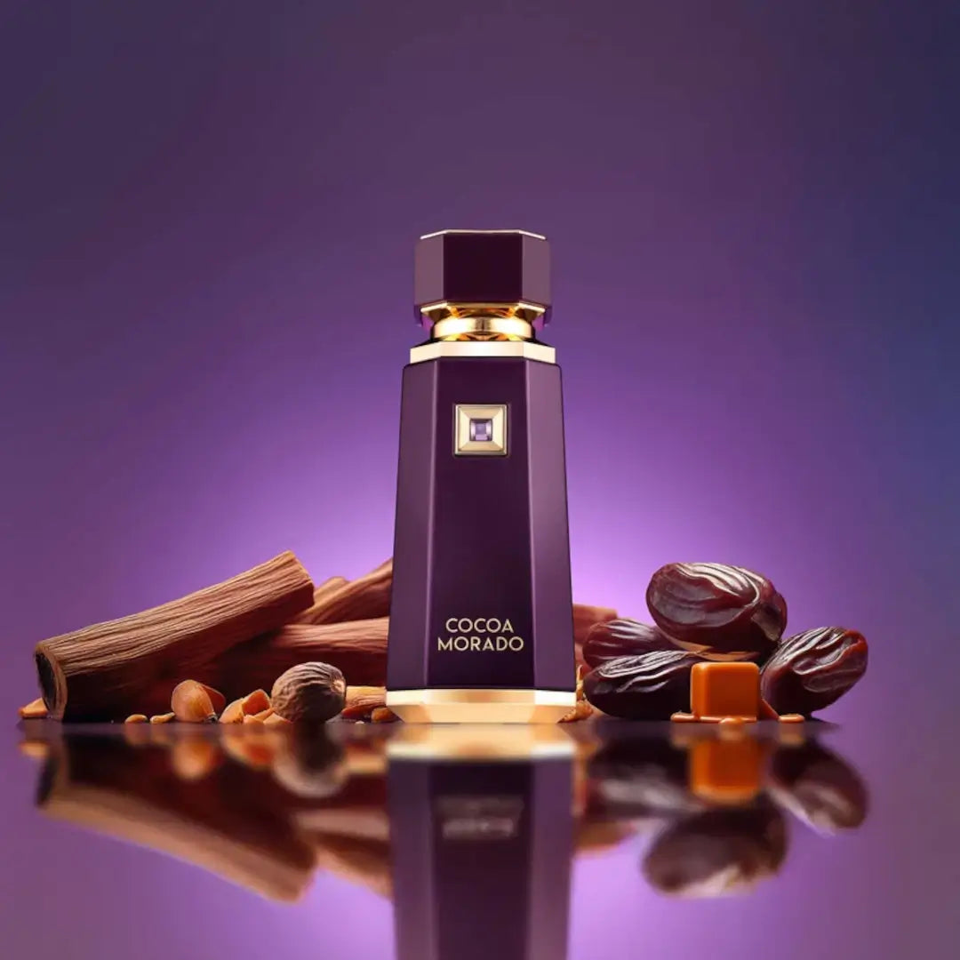 Cocoa Morado Purple perfume bottle with gold accents on a white background branded French Avenue