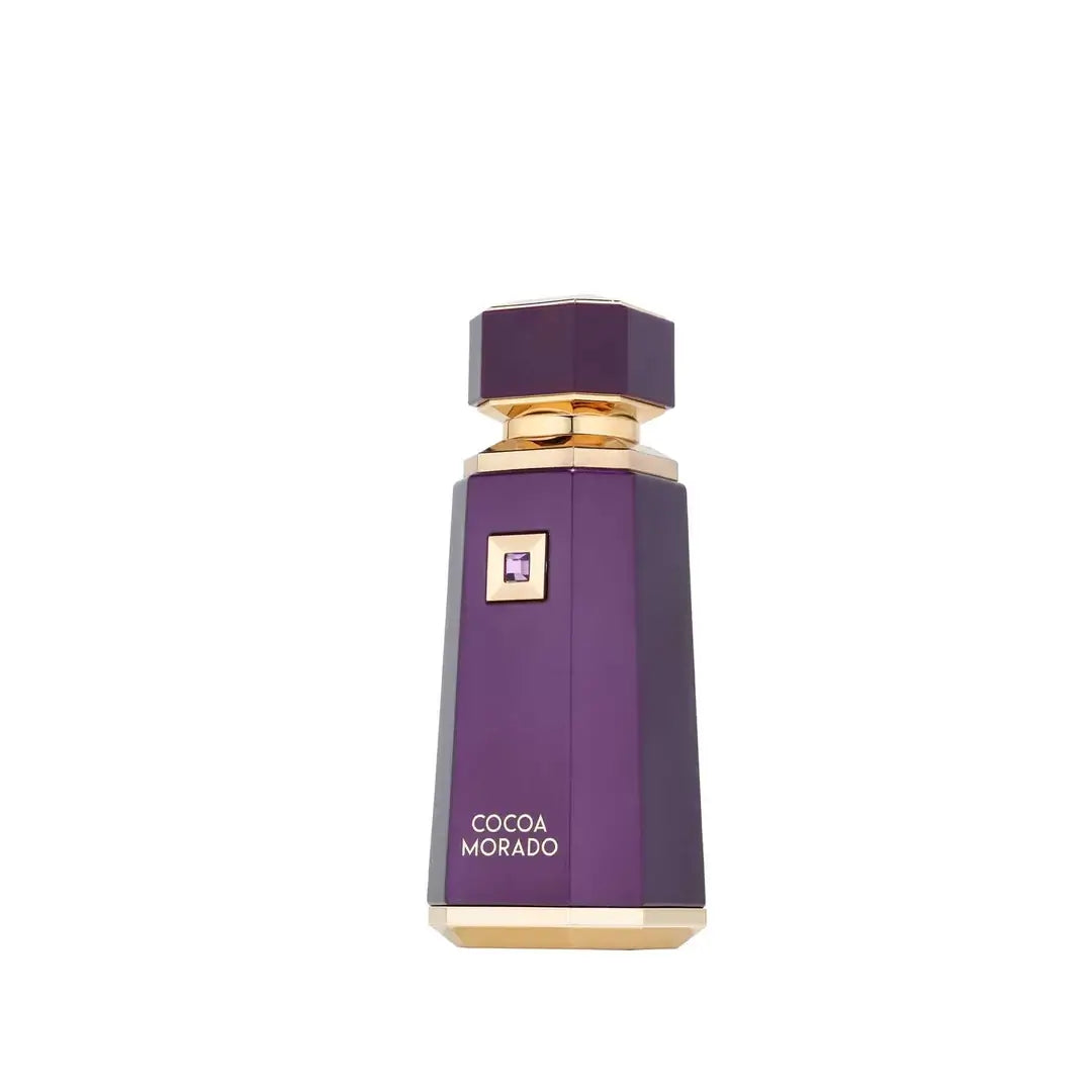 Cocoa Morado Purple perfume bottle with gold accents on a white background branded French Avenue