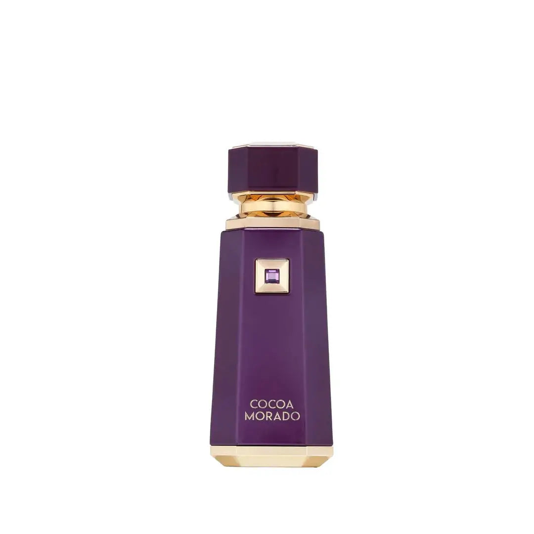 Cocoa Morado Purple perfume bottle with gold accents on a white background branded French Avenue