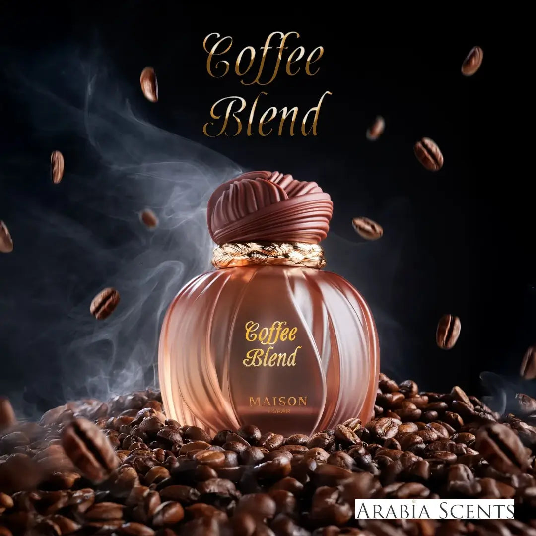 Perfume bottle labeled 'Coffee Blend' with Maison Asrar branding surrounded by coffee beans on a dark background featured on ArabiaScenrts