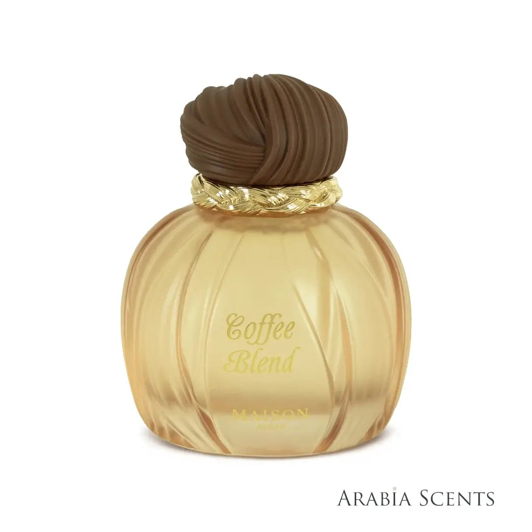 Perfume bottle labeled 'Coffee Blend' with Maison Asrar branding featured by ARABIASCENTS on a white background