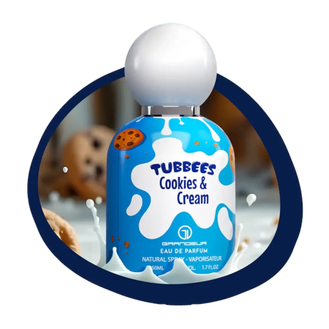 'Cookies & Cream' perfume bottle in a white background with 'Tubbees' branding
